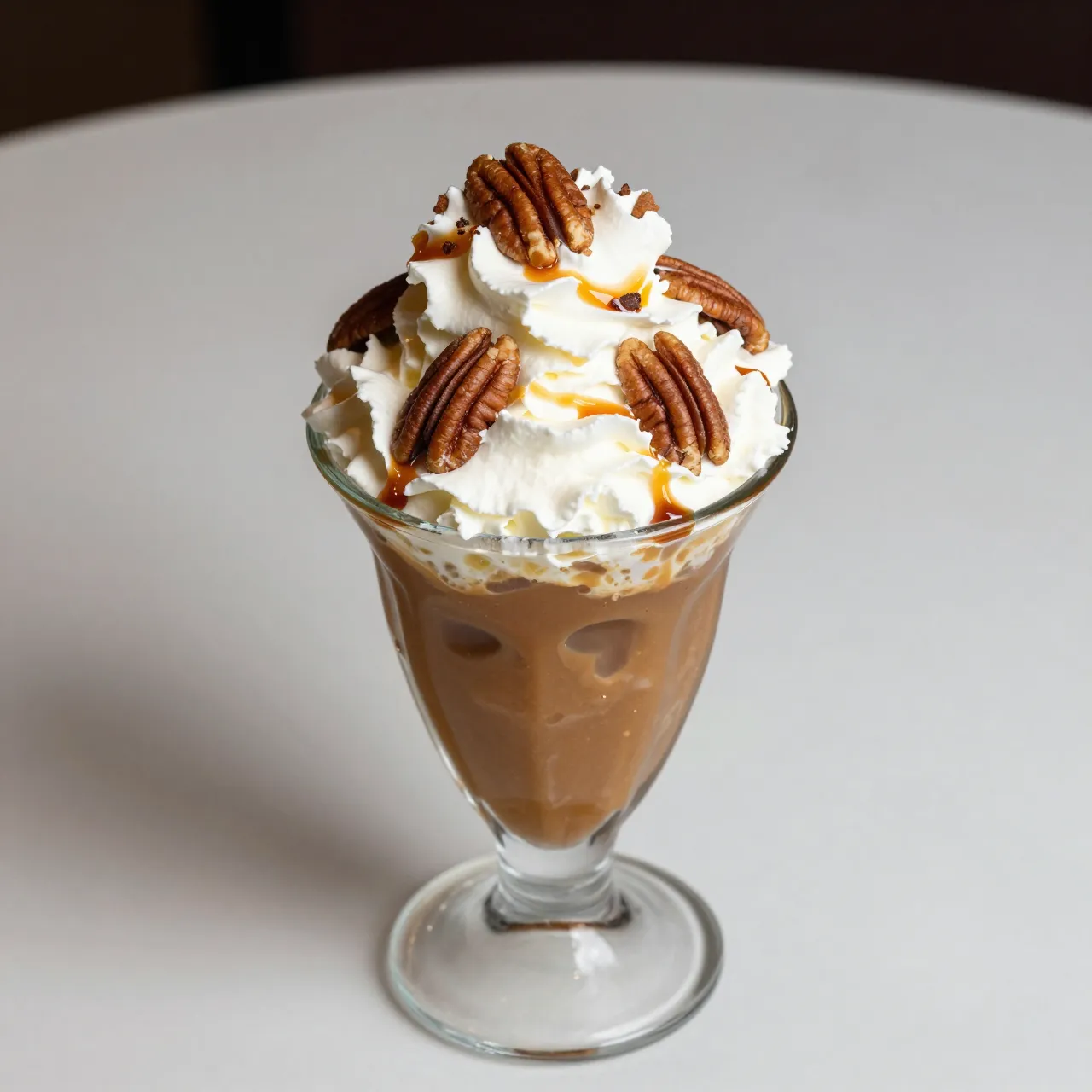 A tall glass sundae topped with whipped cream, caramel drizzle and whole toasted pecans sits on a light table.