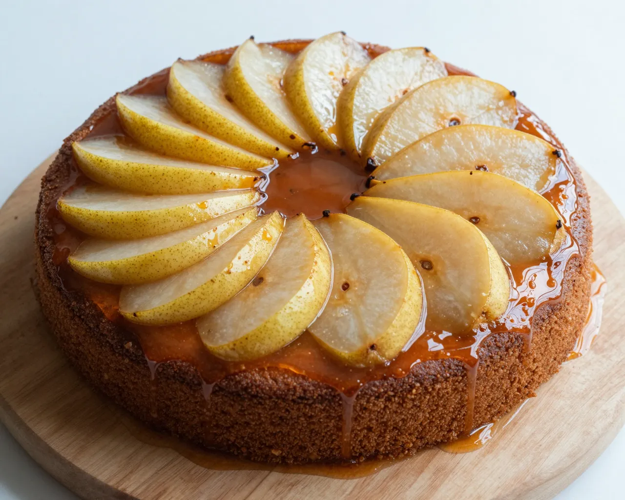 Top view of a pear upside-down cake with fanned glazed pear slices resting on a round wooden board