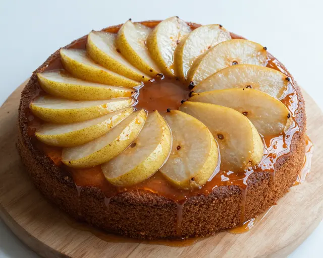 Top view of a pear upside-down cake with fanned glazed pear slices resting on a round wooden board