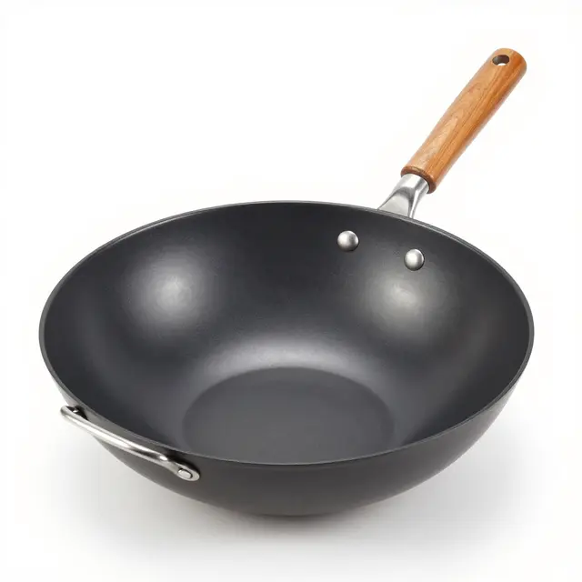 A round-bottomed black carbon steel wok with wooden handle sits isolated on a pure white studio background.