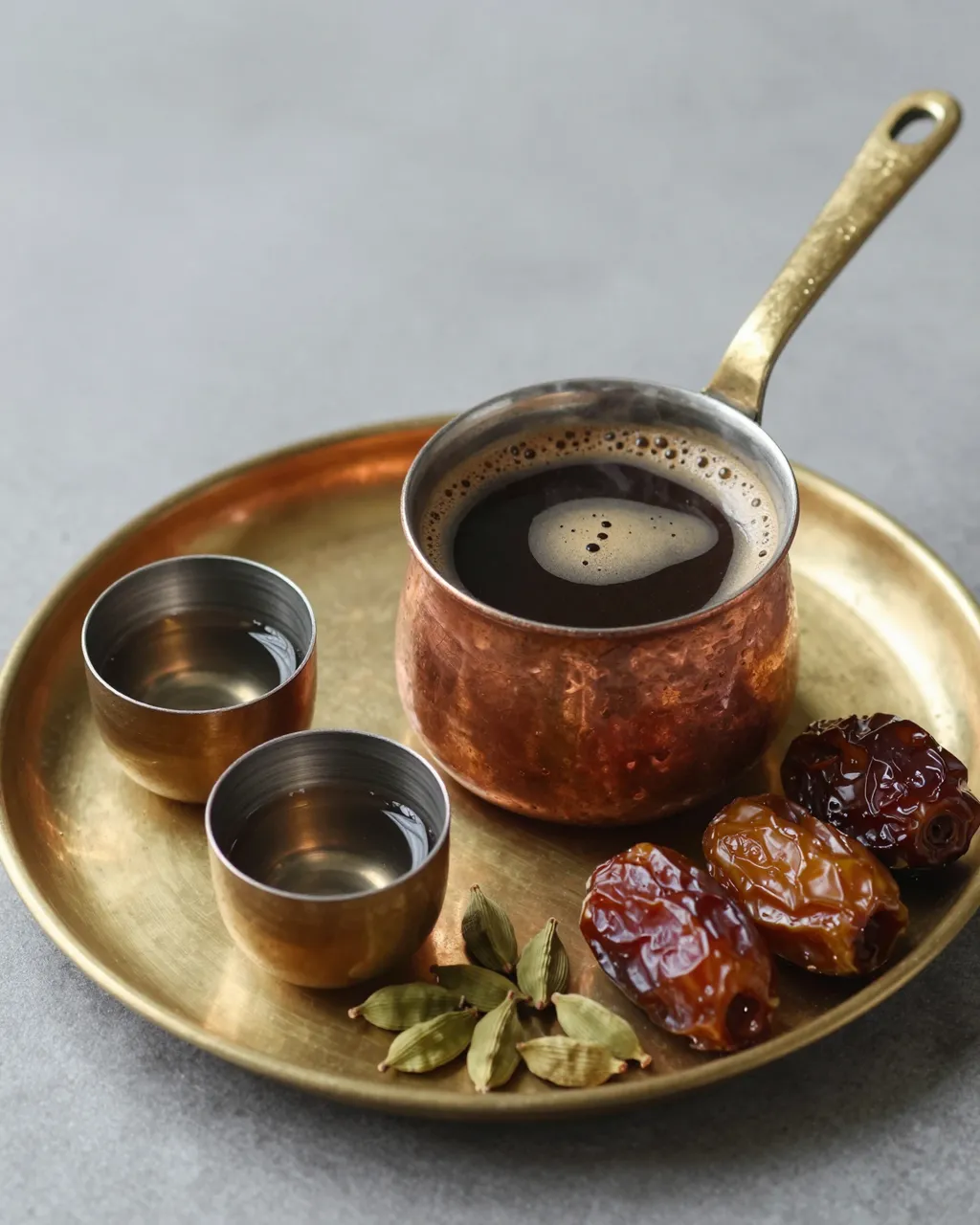 Copper coffee pot, tiny metal cups, dates and cardamom pods sit on a brass tray over a gray tabletop