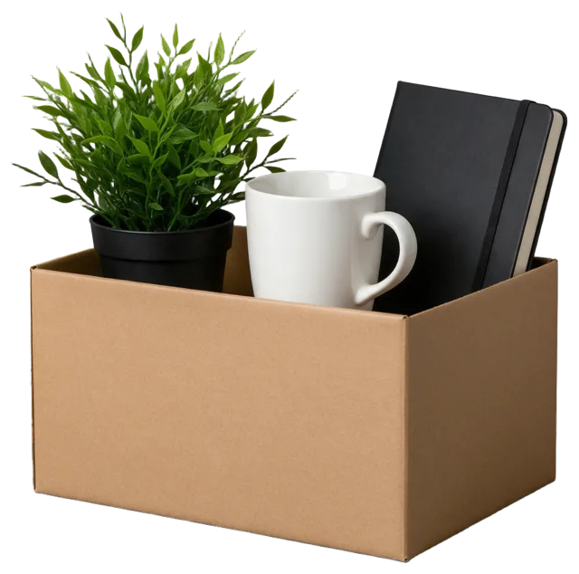 Plain brown cardboard box holding a potted plant, white mug, and closed black notebook.