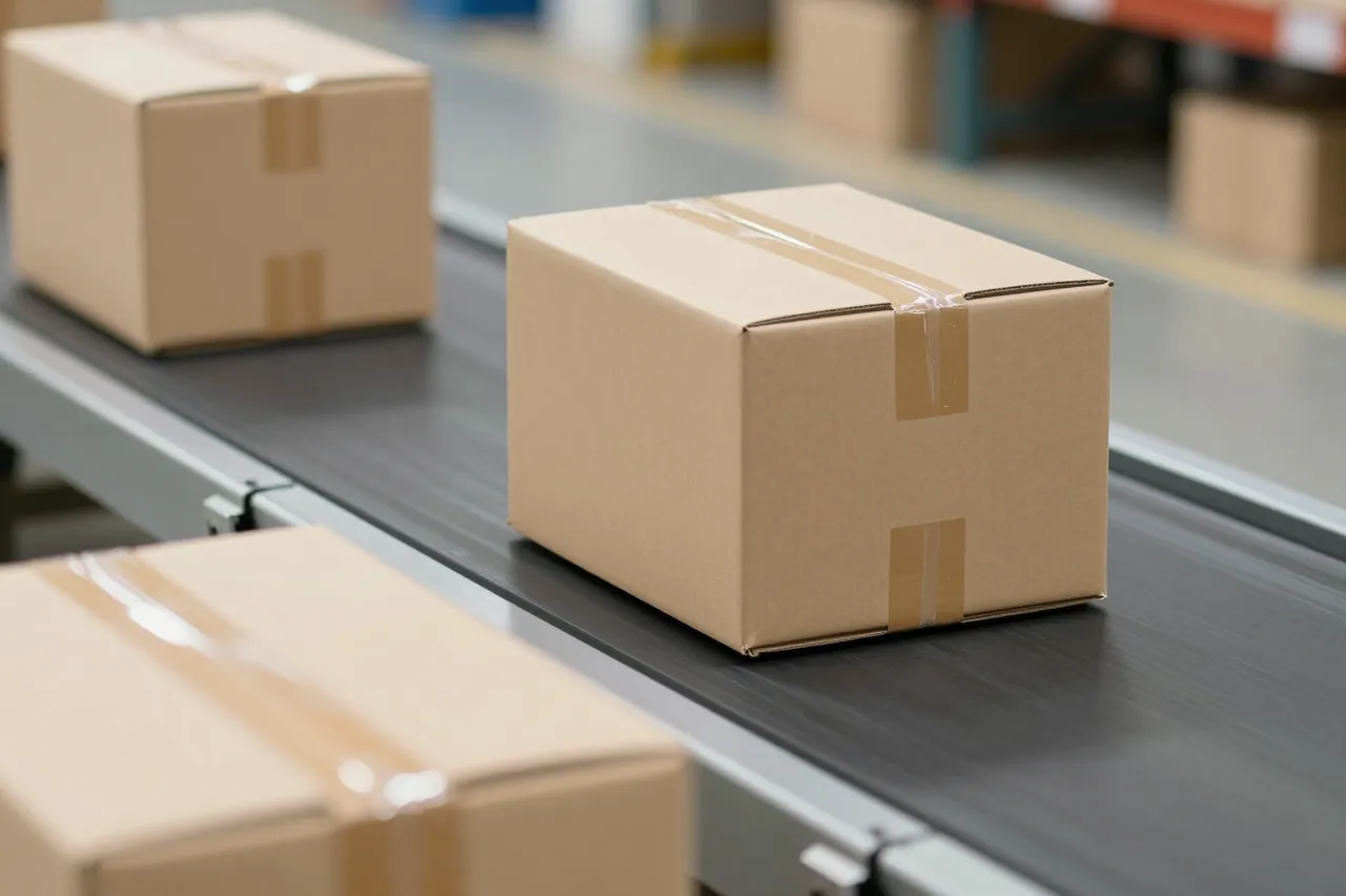 Sealed plain cardboard boxes move along a warehouse conveyor belt, with blurred shelving in the background.