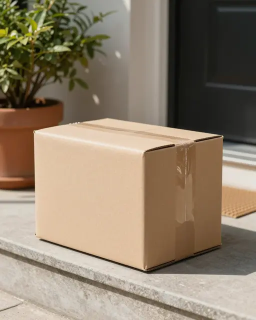 A sealed brown cardboard parcel rests on a sunny concrete front step next to a potted houseplant beside a front door.