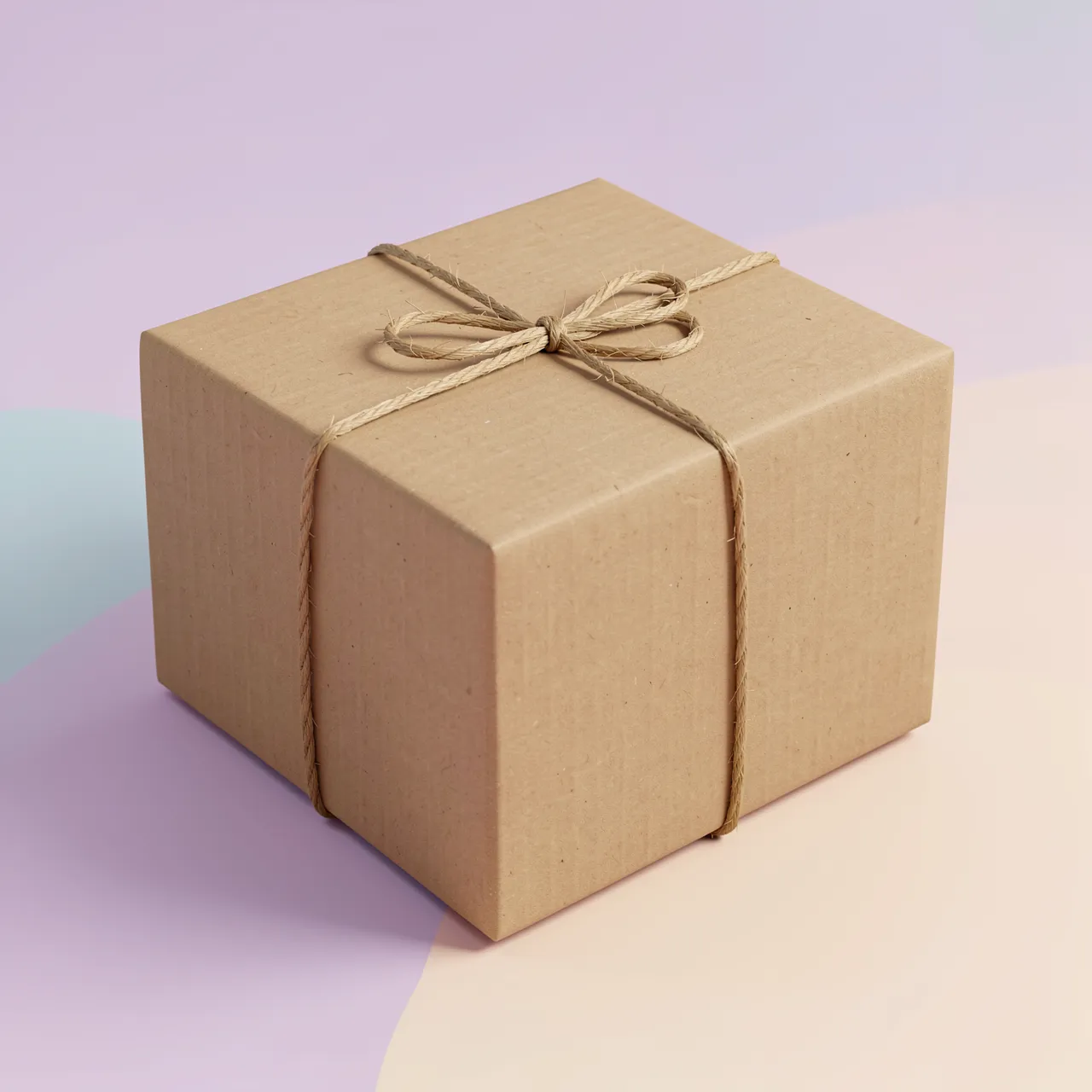 A plain brown cardboard parcel tied with natural twine sits on a soft pastel gradient background