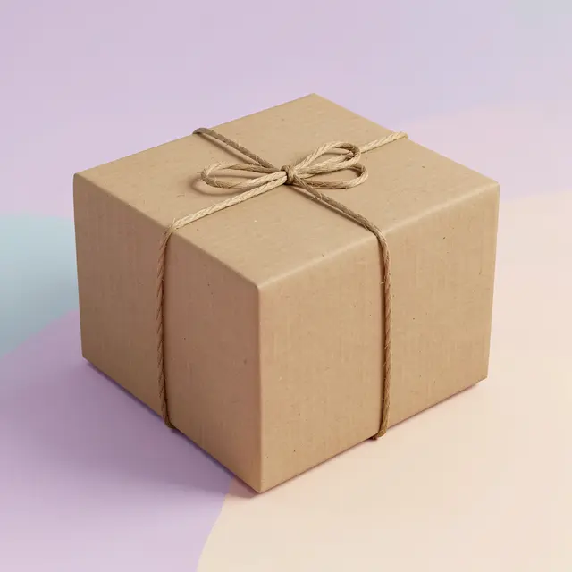A plain brown cardboard parcel tied with natural twine sits on a soft pastel gradient background