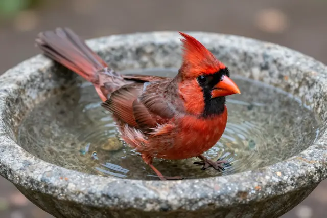 A bright red northern cardinal stands in shallow rippled water inside a weathered stone birdbath.