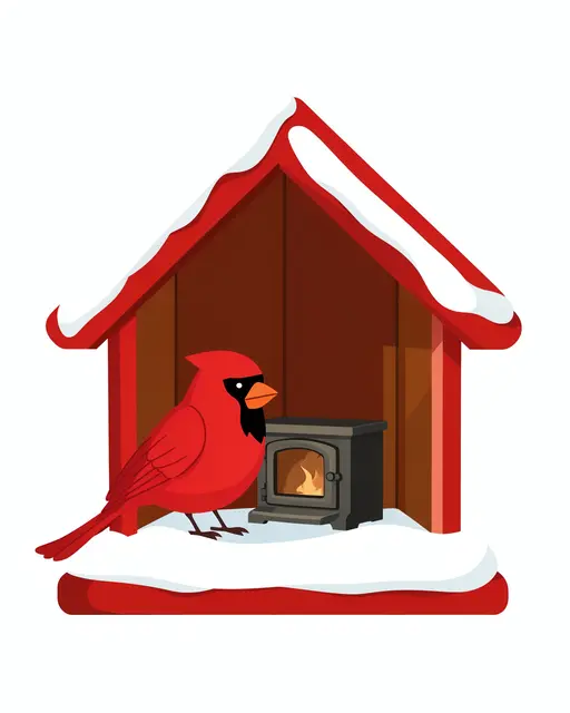 A bright red cardinal sits next to a tiny lit woodstove inside a snow-topped birdhouse.