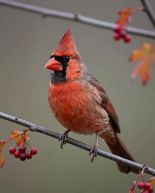 A northern cardinal perches on a thin branch surrounded by red berries and fall leaves.