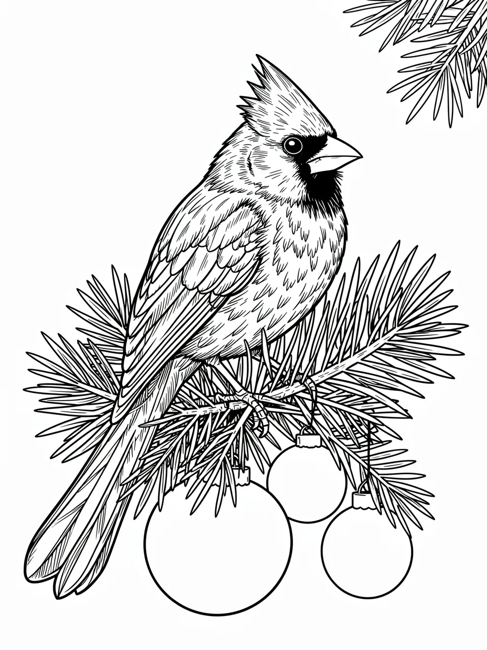 Black and white line art of a cardinal perched on a pine branch hung with Christmas ornaments