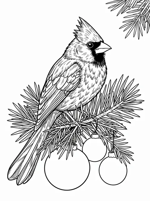 Black and white line art of a cardinal perched on a pine branch hung with Christmas ornaments
