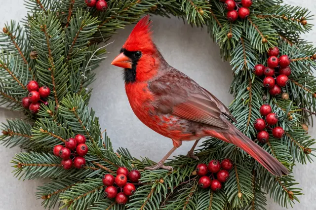 A bright red northern cardinal perched on a festive evergreen wreath with red berries