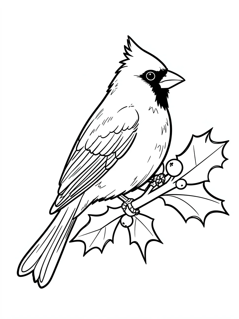Simple bold black line art of a cardinal perched on a holly branch with berries on a plain white background