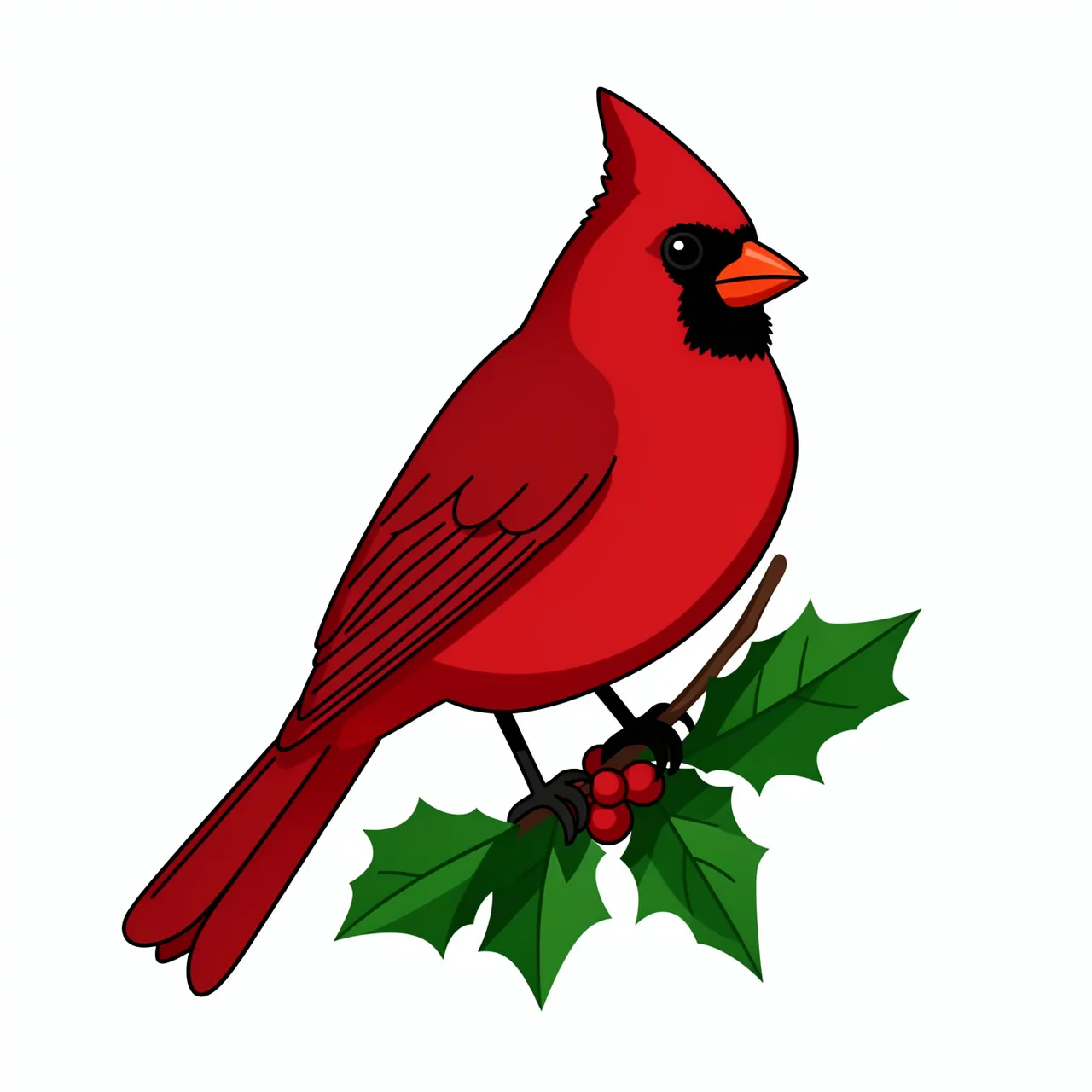 Flat clipart illustration of a plump red cardinal perched on a holly sprig against a plain white background