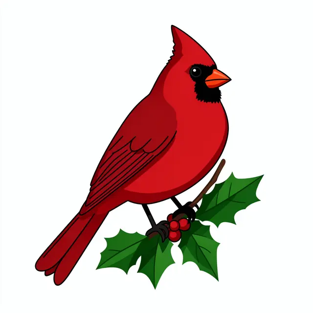 Flat clipart illustration of a plump red cardinal perched on a holly sprig against a plain white background