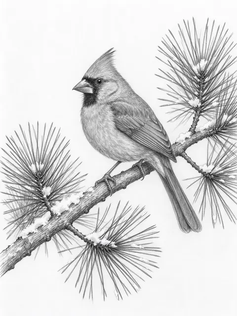 Detailed graphite pencil sketch of a cardinal perched on a snow-dusted pine branch against white paper
