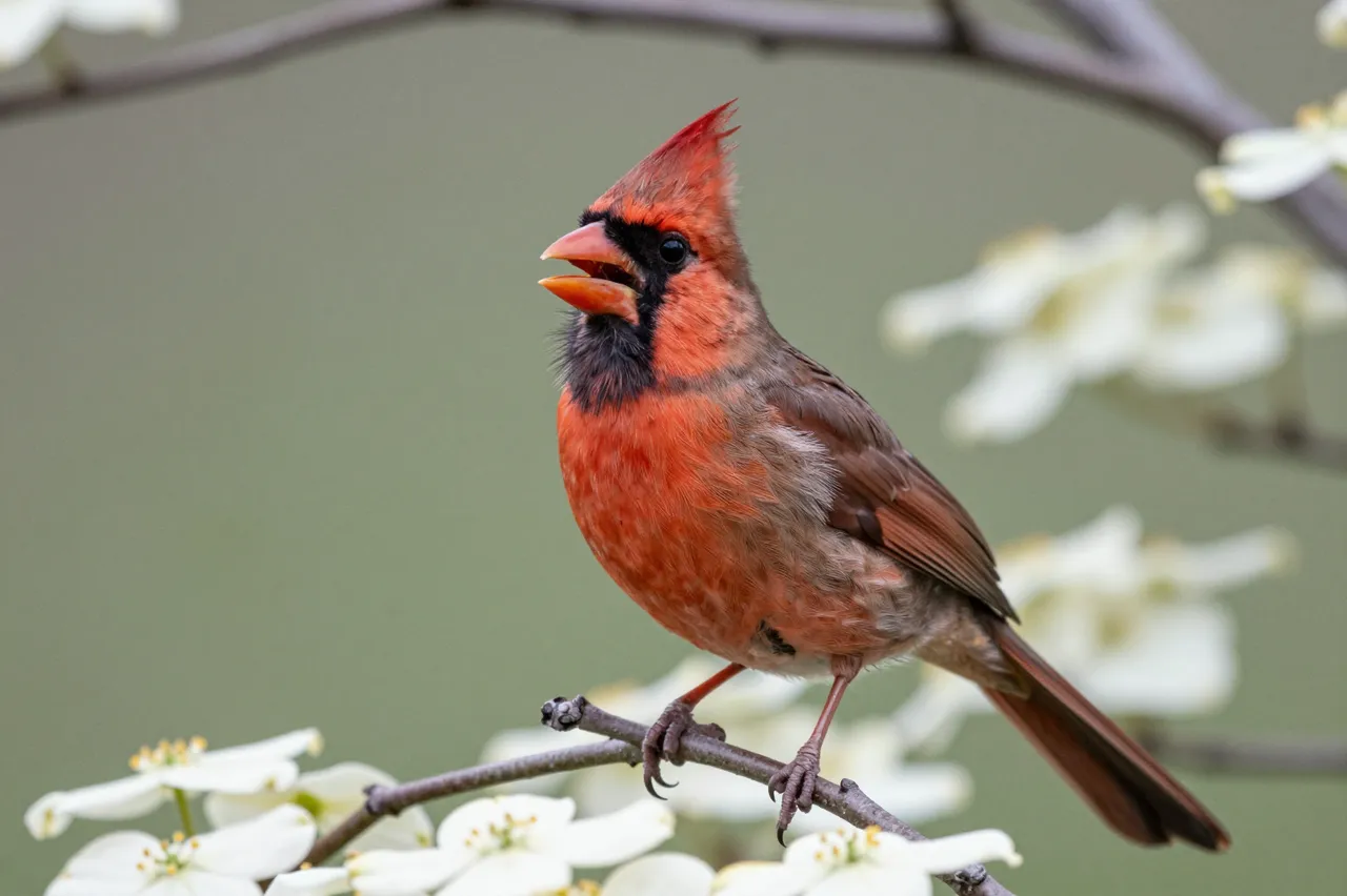 A male northern cardinal with an open beak perches on a flowering dogwood branch in spring