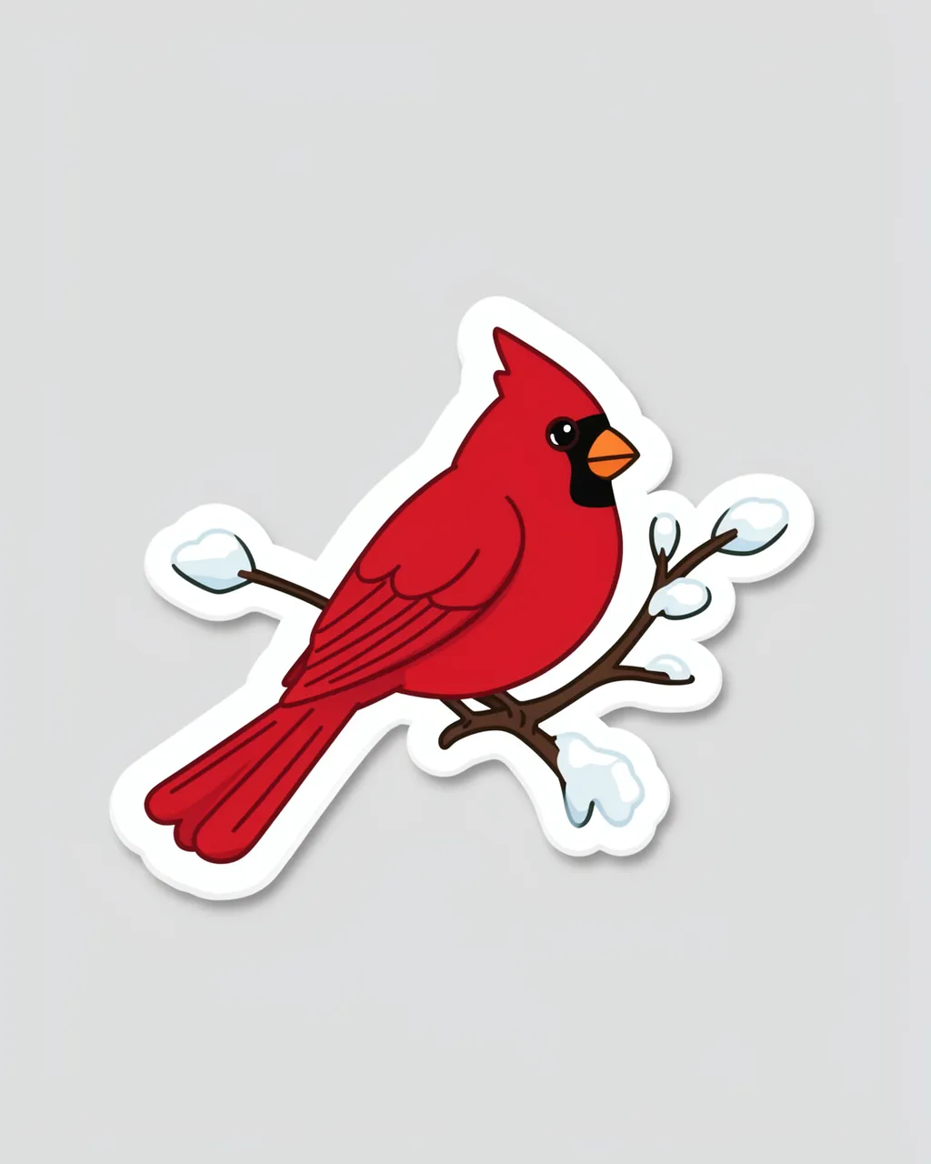 Die-cut sticker of a red cardinal perched on a snow-dusted branch against a light gray background