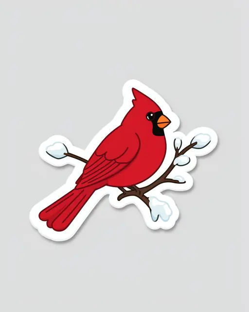 Die-cut sticker of a red cardinal perched on a snow-dusted branch against a light gray background