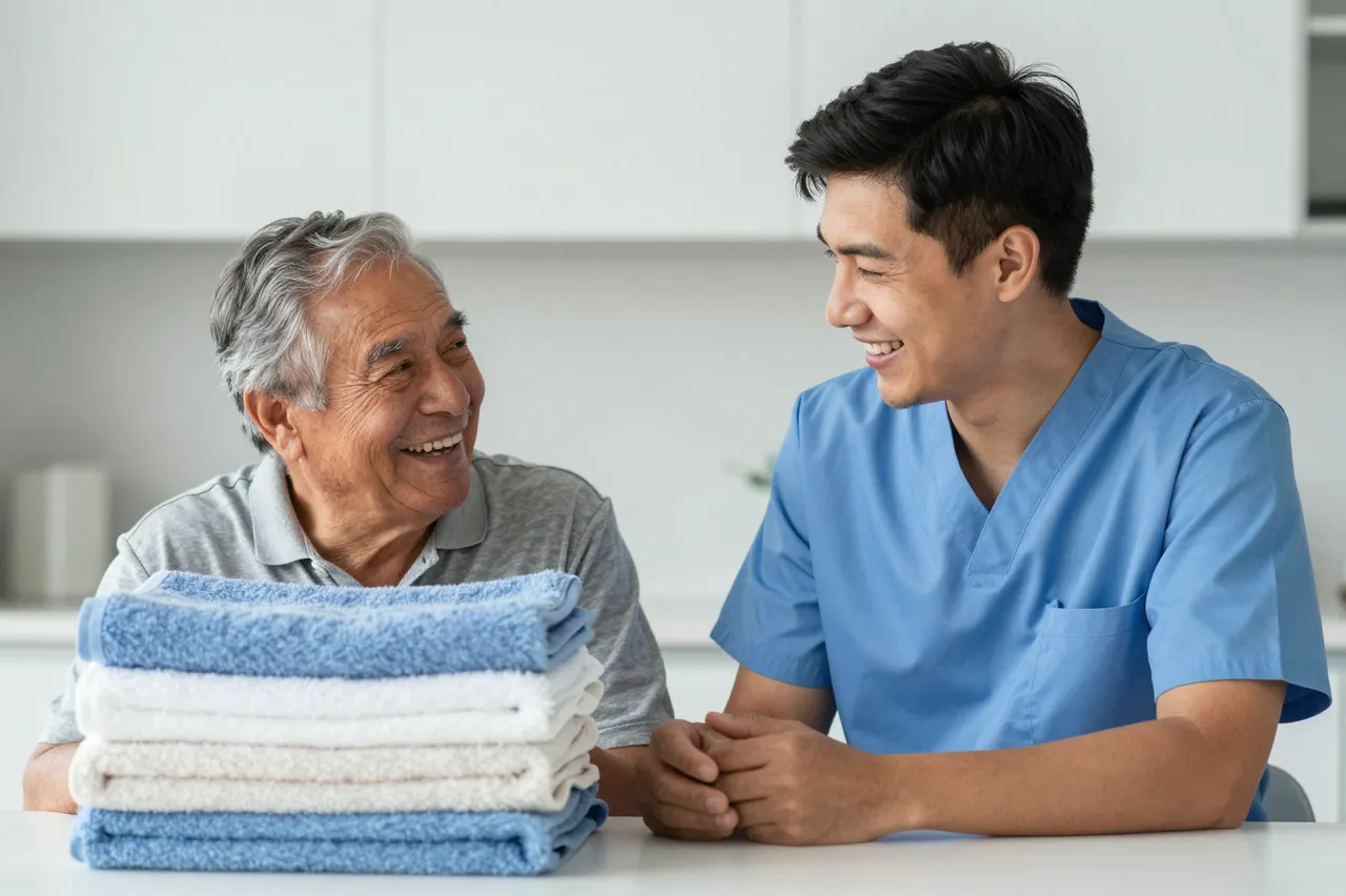 Two smiling men, a young caregiver and an older adult, sit across from one another beside a stack of folded towels on a