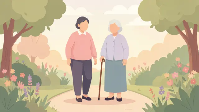 Faceless caregiver walks beside an older woman with a cane along a garden path