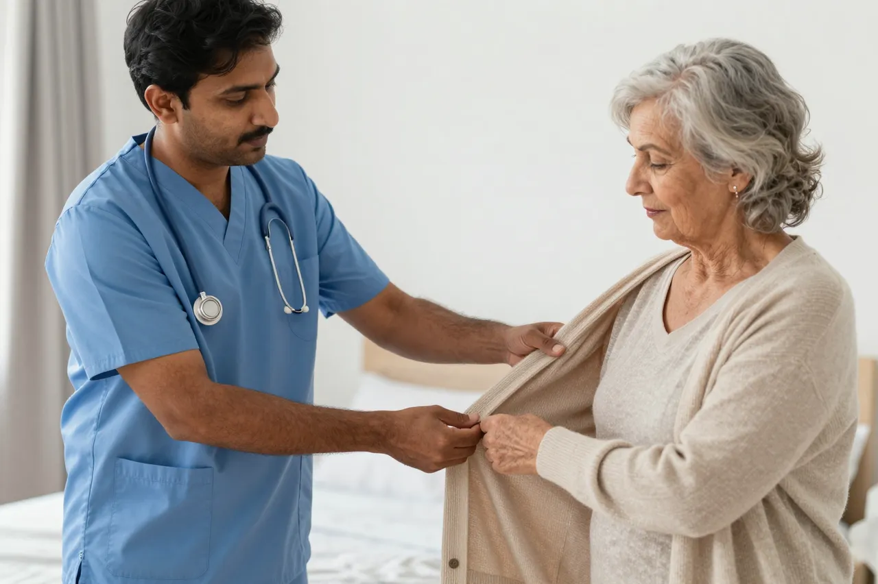 South Asian male caregiver helps an older woman put on a soft cardigan in a bright bedroom