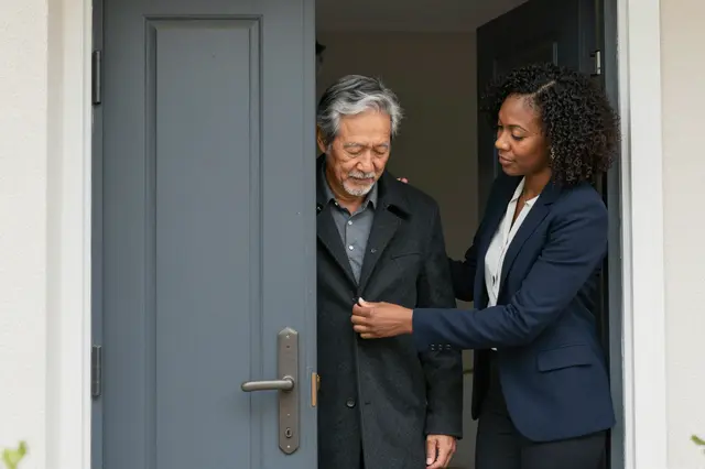 A Black female caregiver buttons a coat for an older East Asian man at a home front door