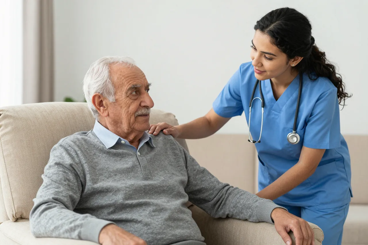 A female caregiver in blue scrubs gently interacts with an elderly man seated in an armchair in a bright home living room