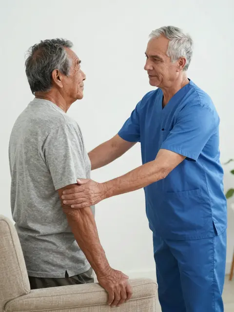 A senior male caregiver in blue scrubs supports an older Indigenous man to stand from an armchair