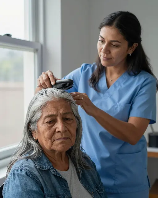 A female caregiver in blue scrubs gently brushes the silver hair of an elderly woman seated by a bright window.