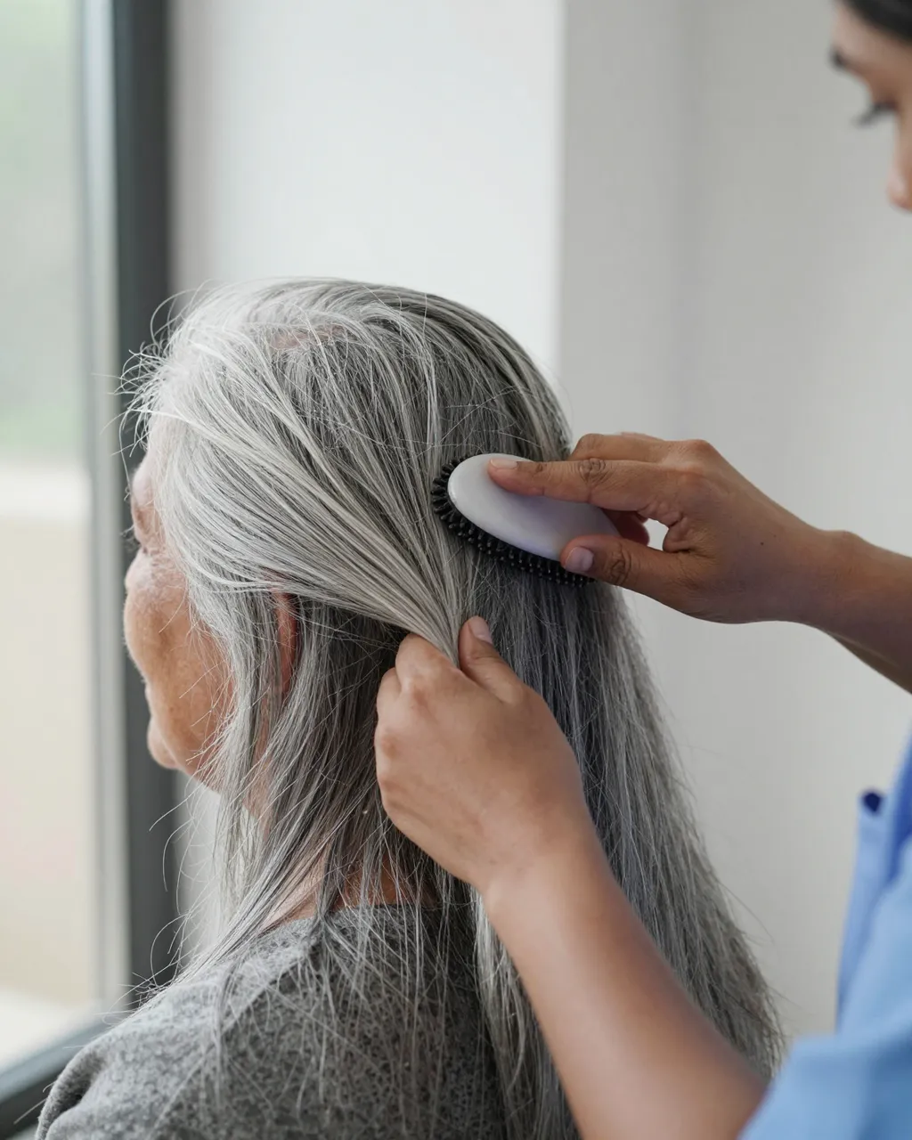 A caregiver uses a hairbrush to gently brush the long silver hair of an older woman beside a bright window.