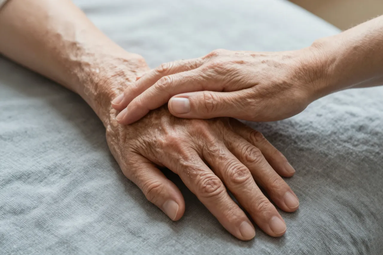 Close-up of a caregiver's gentle hands resting on a wrinkled senior person's hand over a soft gray blanket