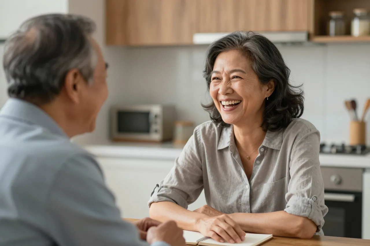 A woman in her fifties laughs while sitting across from an older man at a kitchen table
