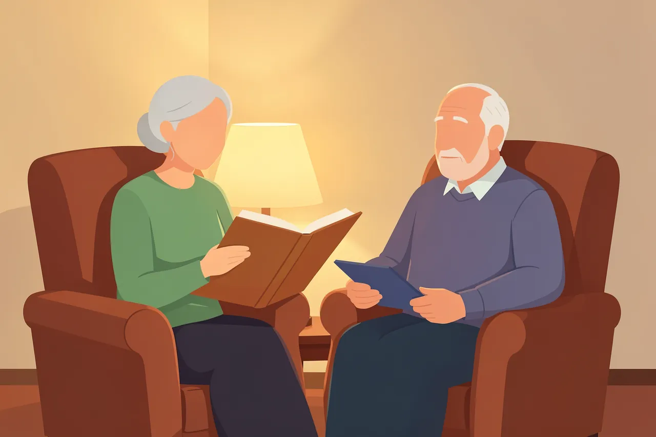 Faceless older woman reads from a book to an older man seated in an armchair beside her by warm lamp light.