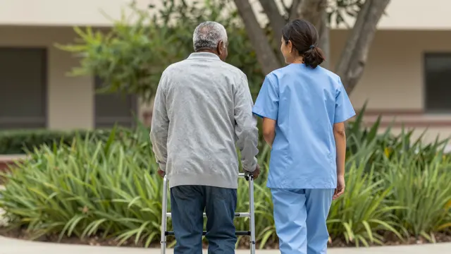 Seen from behind, a medical worker walks beside an older man using a walker in a hospital garden.