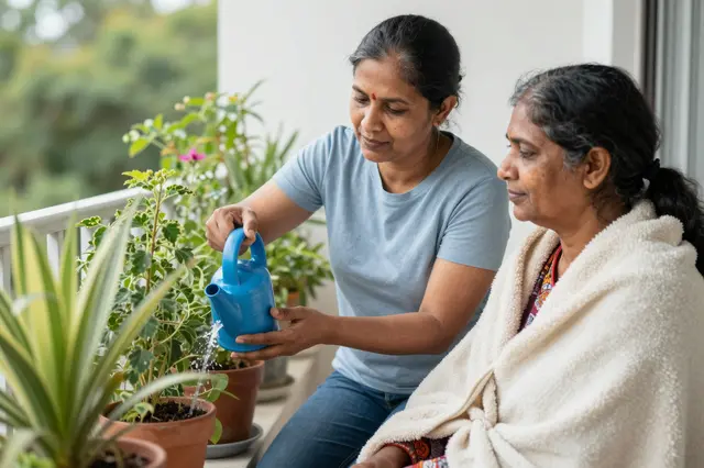 A caregiver waters potted balcony plants while sitting beside an older woman wrapped in a soft blanket.