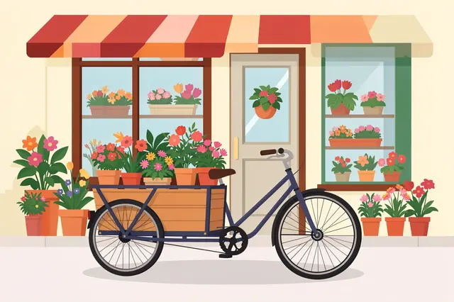 A blue cargo bicycle loaded with potted flowering plants sits in front of a small flower shop storefront.
