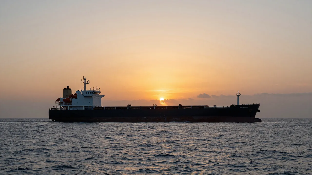 A bulk cargo vessel floats on calm open sea beneath a soft orange setting sun