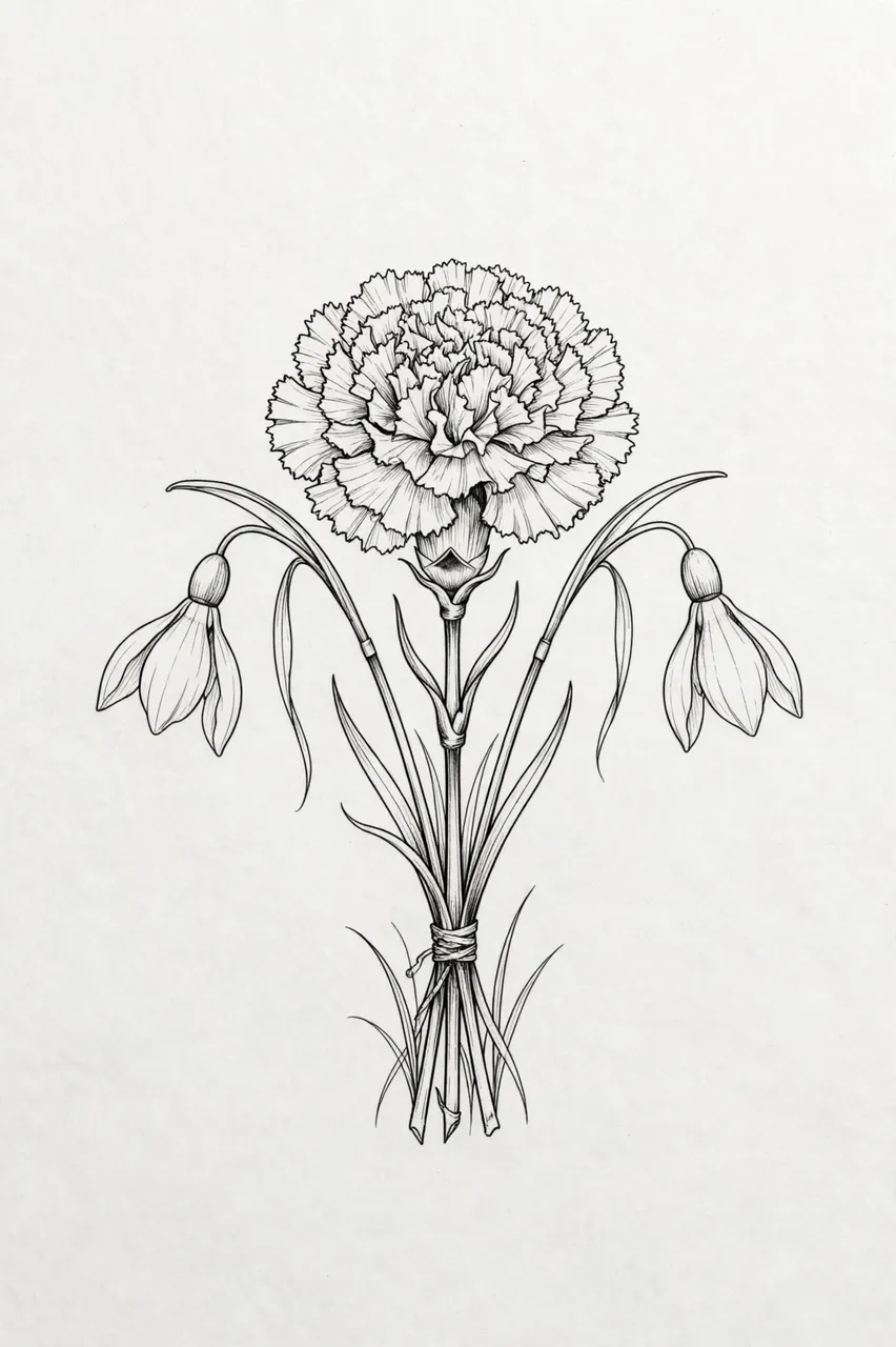 Delicate fine line drawing of a bouquet with one frilly carnation between two drooping snowdrops on plain light paper