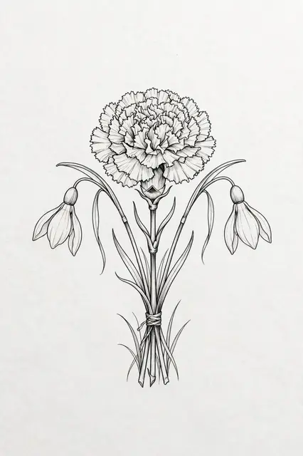 Delicate fine line drawing of a bouquet with one frilly carnation between two drooping snowdrops on plain light paper