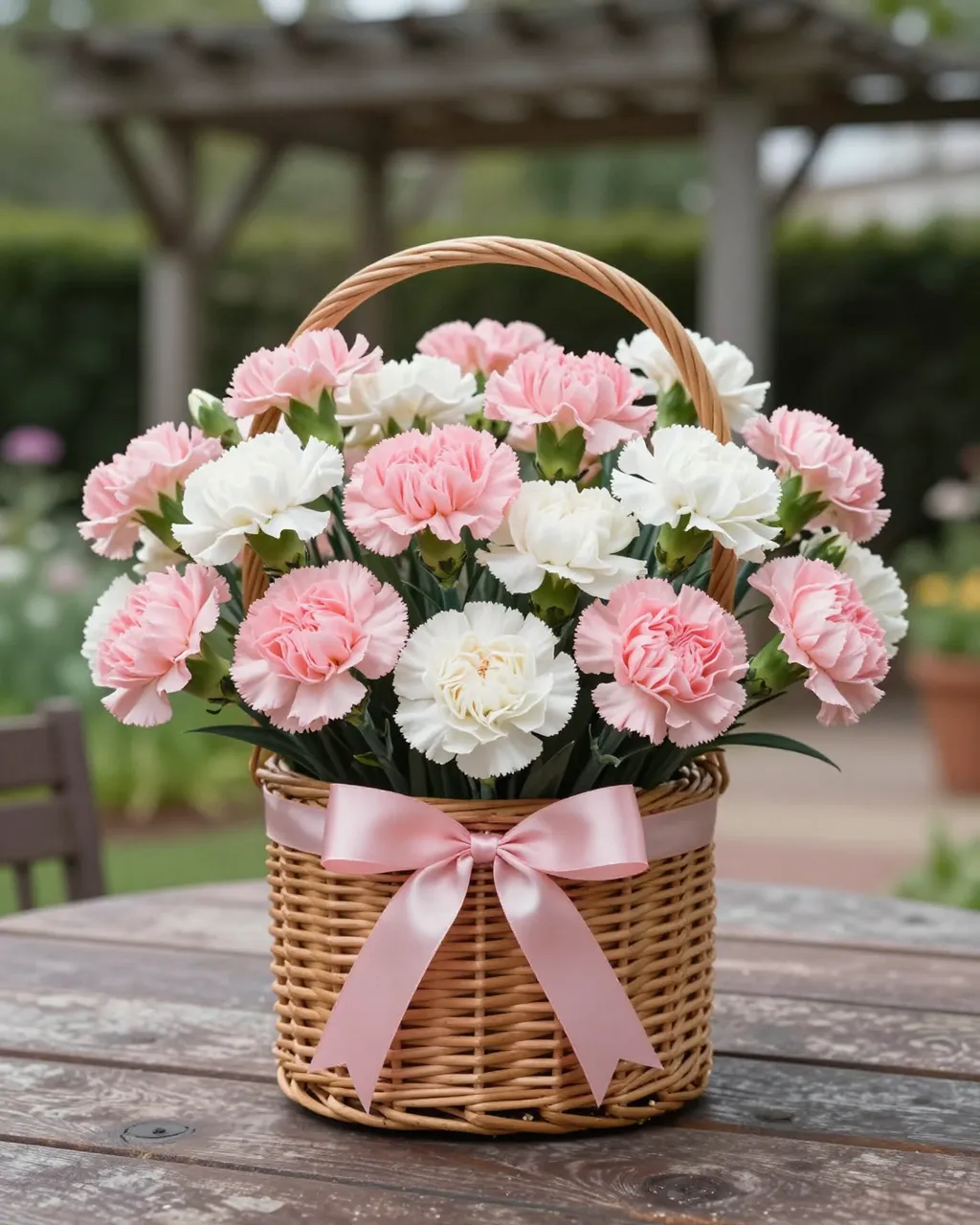 Wicker basket of pink and white carnations with a pink satin bow sits on a weathered wooden garden table under a blurred