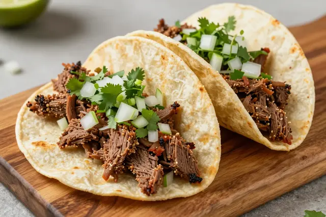 Two carne asada tacos topped with onion and cilantro rest on a wooden serving board
