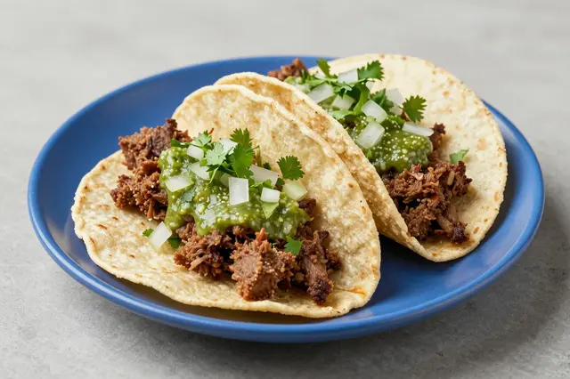 Two carnitas tacos topped with salsa verde, onion and cilantro sit on a small blue plate on a gray countertop.