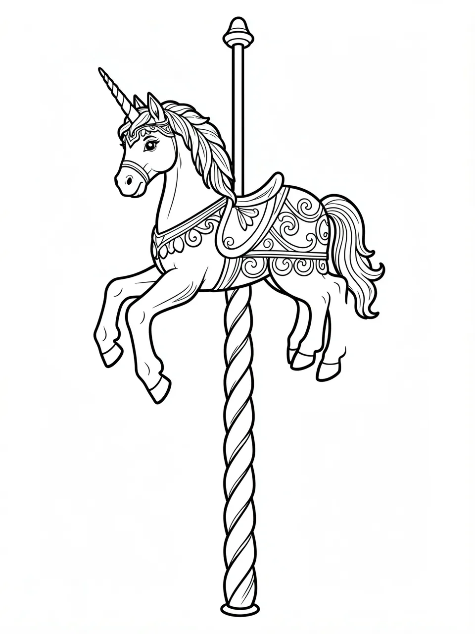 Black and white line art of an ornate carousel unicorn mounted on a twisted pole, on a plain white background