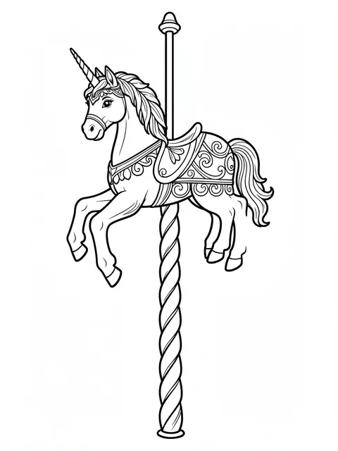 Black and white line art of an ornate carousel unicorn mounted on a twisted pole, on a plain white background