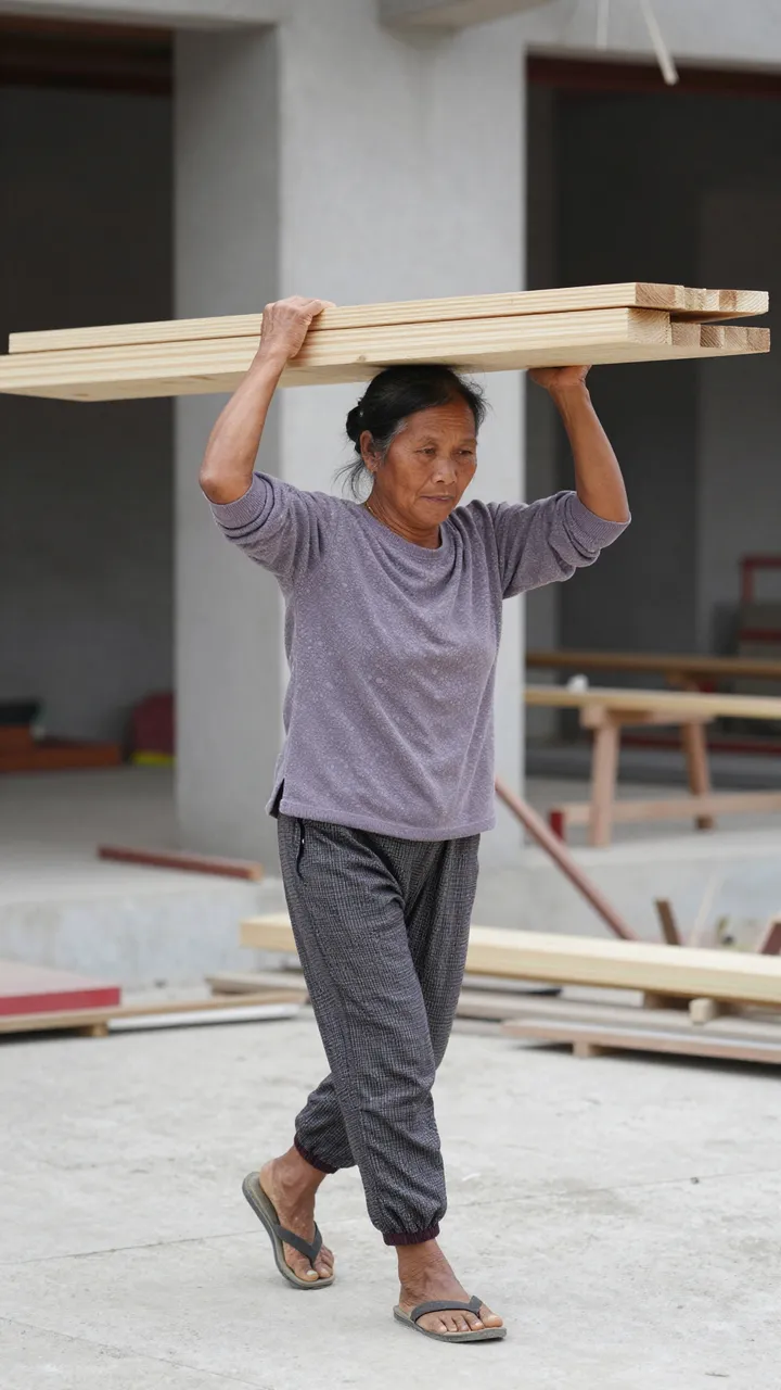 A mature Southeast Asian woman carries long pine lumber boards on her shoulders across a construction site.