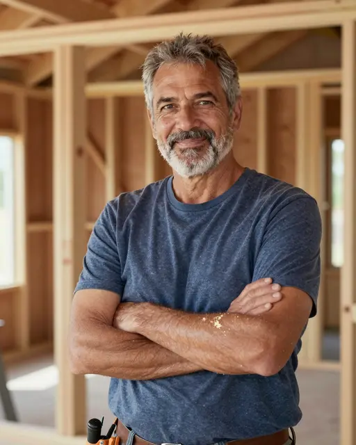 Smiling older carpenter with sawdust on his forearms stands with crossed arms inside an unfinished timber frame structure