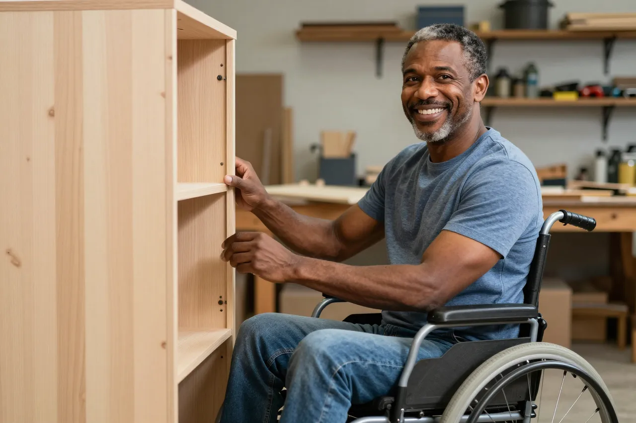 Smiling man in a wheelchair sits next to the wooden cabinet he built in his home workshop