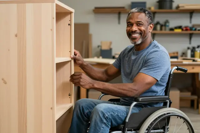 Smiling man in a wheelchair sits next to the wooden cabinet he built in his home workshop