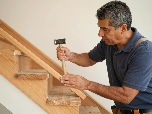 A middle-aged Latino carpenter uses a mallet to fit new wooden stair trim indoors in warm light